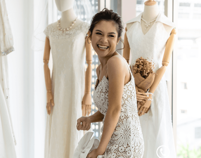 Woman smiling in wedding dress, st paul mn